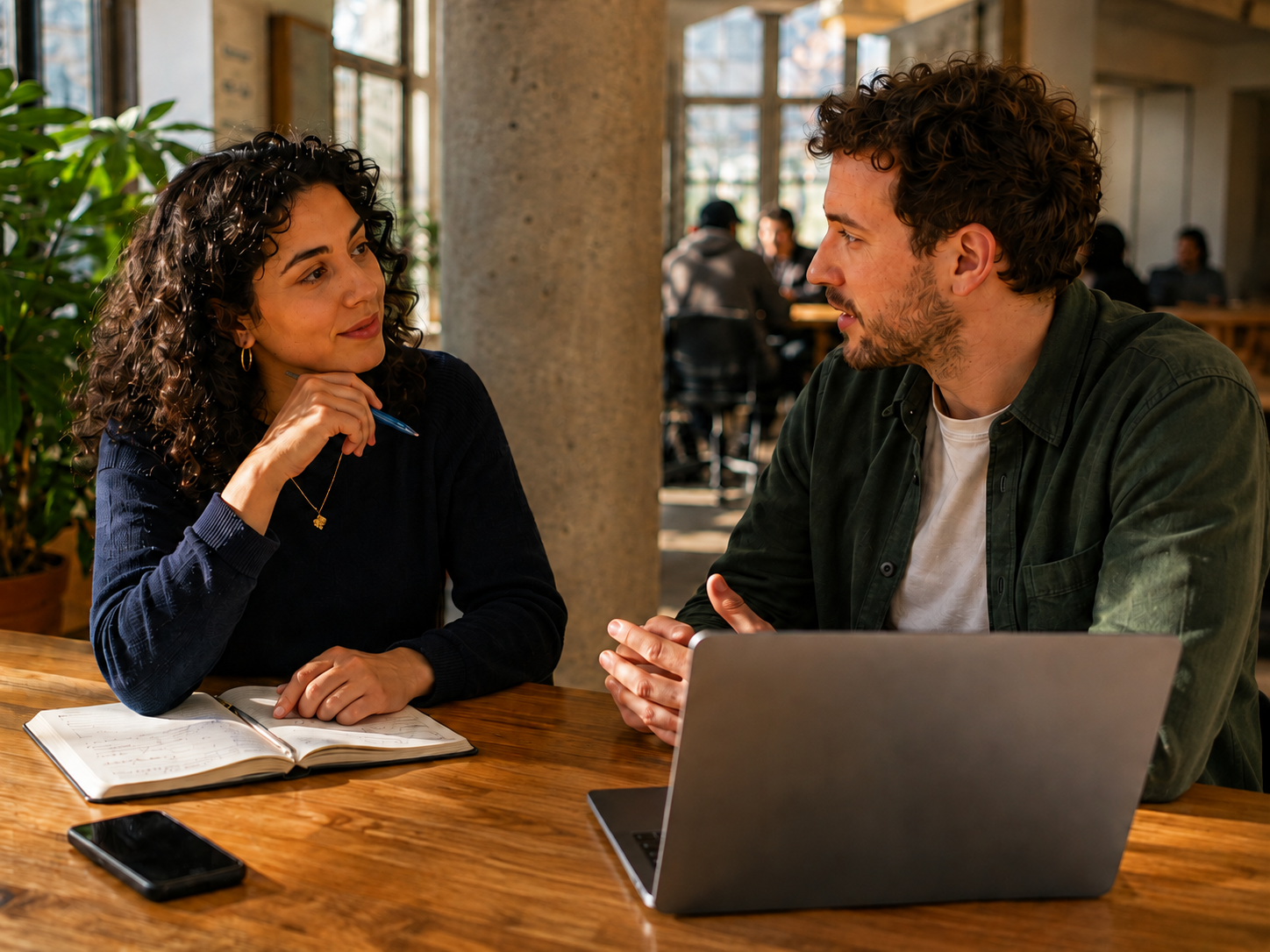 An illustrative interview at a shared table, with a notebook and laptop.